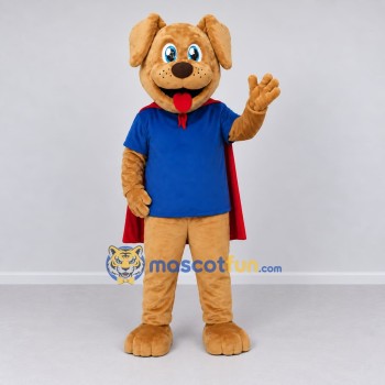 Custom Tan Blue and Red Superhero Dog Mascot Costume Adult Full Body Suit for Children's Events