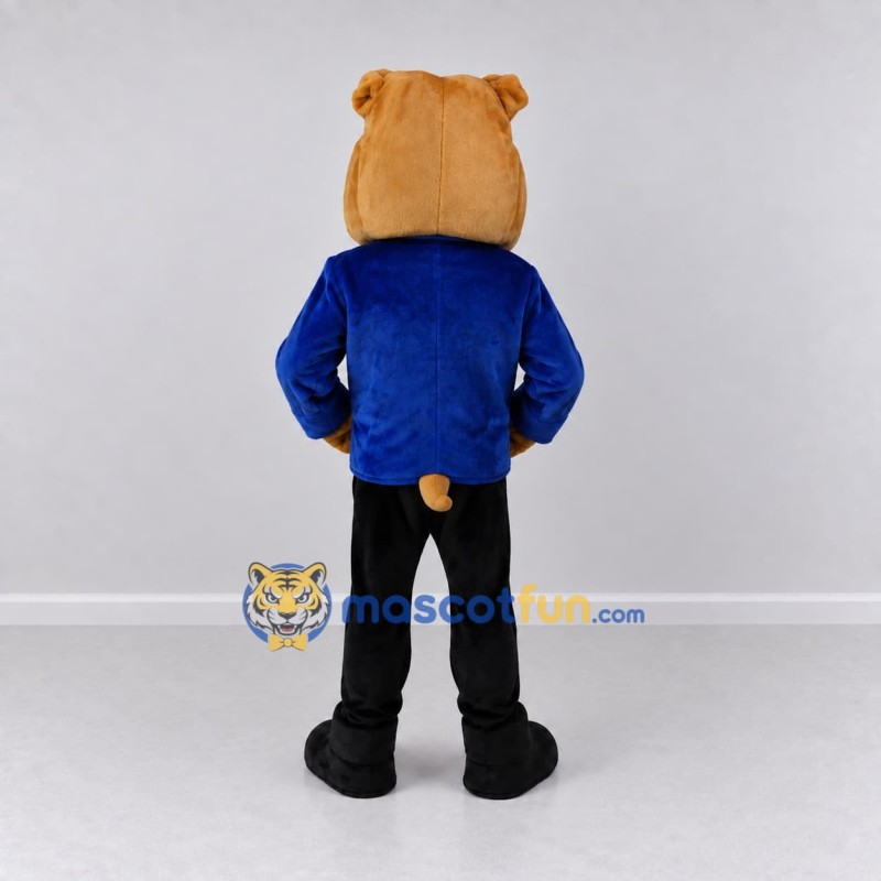 Custom Tan Blue and Black Business Bulldog Mascot Costume Adult Full Body Suit for Promotional Events Custom Tan Blue and Black Business Bulldog Mascot Costume Adult Full Body Suit for Promotional Events