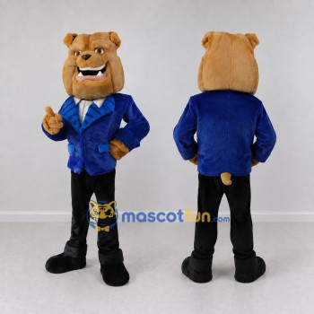 Custom Tan Blue and Black Business Bulldog Mascot Costume Adult Full Body Suit for Promotional Events