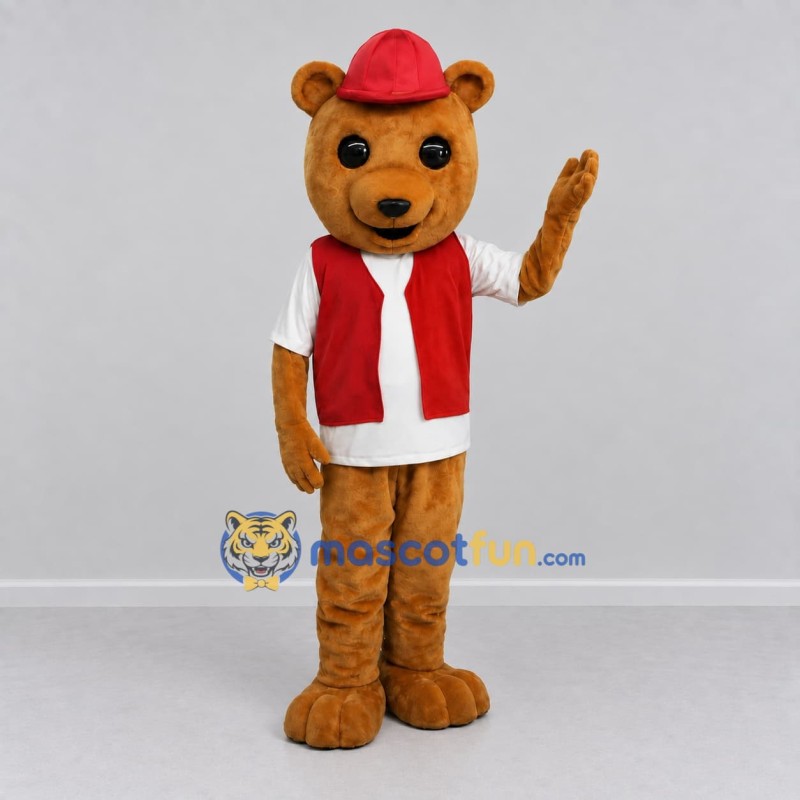 Custom Golden Brown Red and White Bear Mascot Costume Adult Full Body Suit for Community Events Custom Golden Brown Red and White Bear Mascot Costume Adult Full Body Suit for Community Events