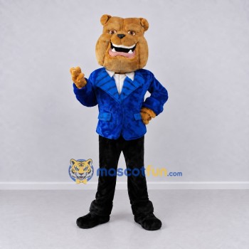 Custom Tan Blue and Black Business Bulldog Mascot Costume Adult Full Body Suit for Promotional Events Custom Tan Blue and Black Business Bulldog Mascot Costume Adult Full Body Suit for Promotional Events