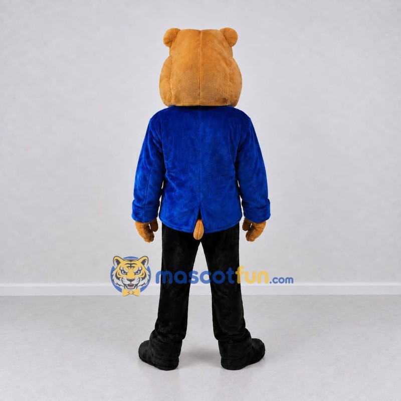 Custom Tan Blue and Black Business Bulldog Mascot Costume Adult Full Body Suit for Promotional Events Custom Tan Blue and Black Business Bulldog Mascot Costume Adult Full Body Suit for Promotional Events