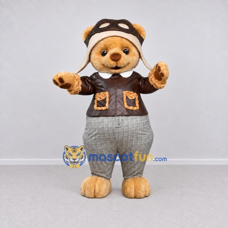 Custom Tan Brown and Gray Aviator Bear Mascot Costume Adult Full Body Suit for Themed Events Custom Tan Brown and Gray Aviator Bear Mascot Costume Adult Full Body Suit for Themed Events