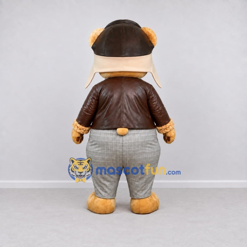 Custom Tan Brown and Gray Aviator Bear Mascot Costume Adult Full Body Suit for Themed Events Custom Tan Brown and Gray Aviator Bear Mascot Costume Adult Full Body Suit for Themed Events