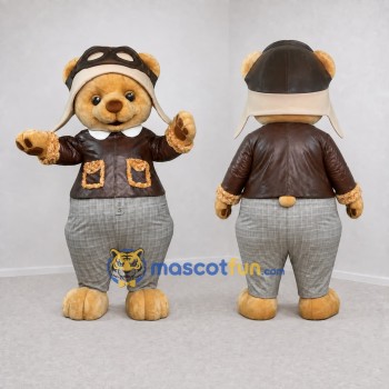 Custom Tan Brown and Gray Aviator Bear Mascot Costume Adult Full Body Suit for Themed Events