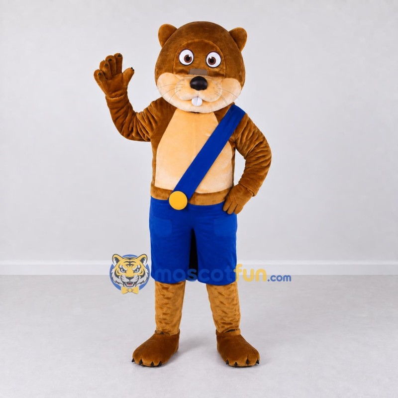 Custom Golden Brown and Blue Beaver Mascot Costume Adult Full Body Suit for School Events