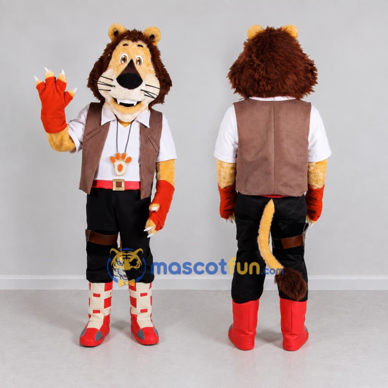 Custom Brown White and Red Adventurer Lion Mascot Costume Adult Full Body Suit for Themed Events