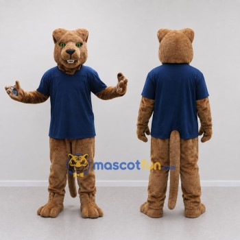 Custom Tan and Navy Blue Cougar Mascot Costume Adult Full Body Suit for Sports Events