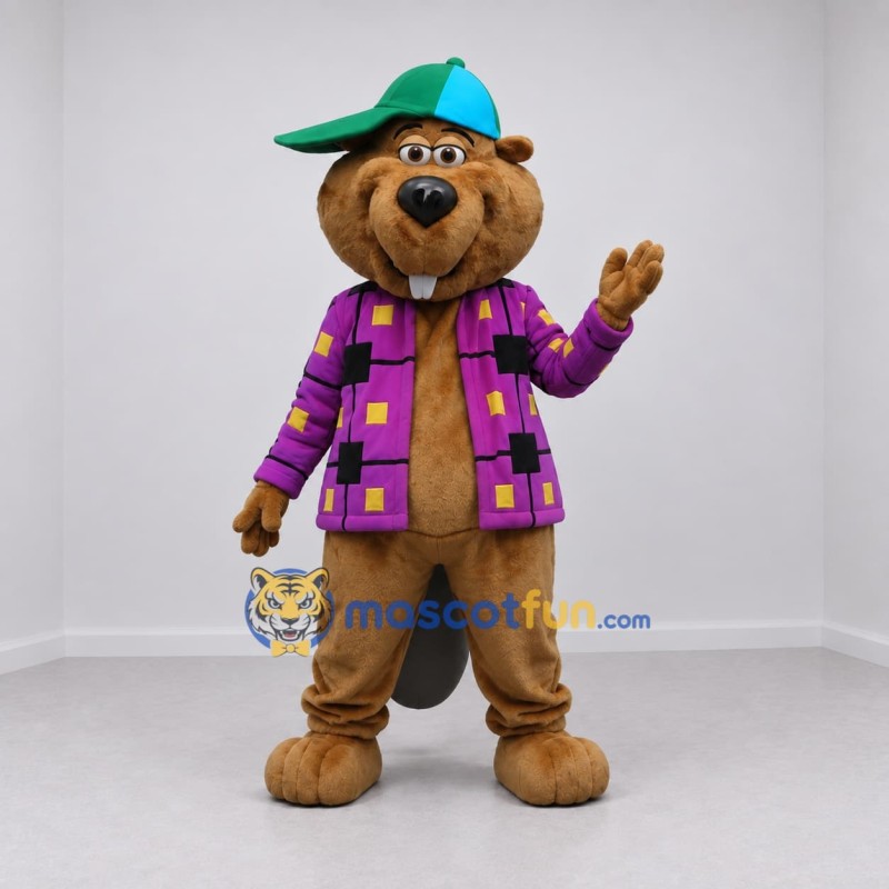 Custom Brown Purple and Green Beaver Mascot Costume Adult Full Body Suit for School Events