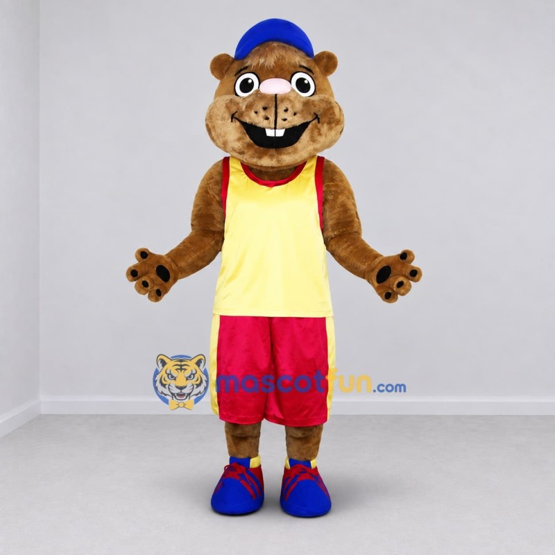 Custom Brown Yellow and Red Rodent Mascot Costume Adult Full Body Suit for Sports Events