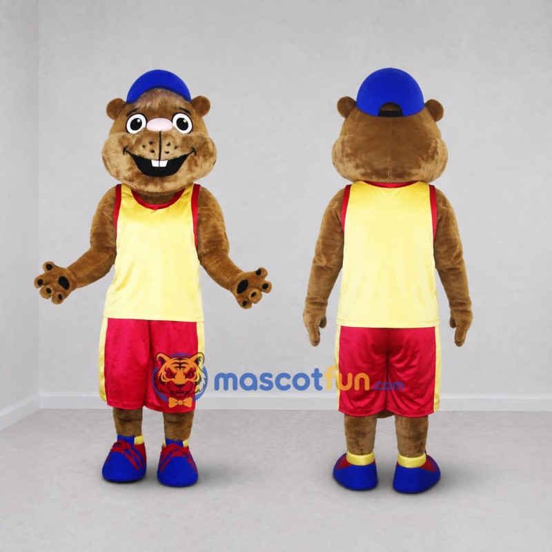 Custom Brown Yellow and Red Rodent Mascot Costume Adult Full Body Suit for Sports Events