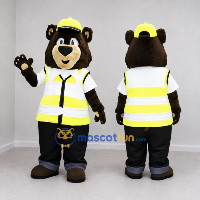 Custom Brown Yellow and Black Safety Patrol Bear Mascot Costume Adult Full Body Suit for Road Safety Events Custom Brown Yellow and Black Safety Patrol Bear Mascot Costume Adult Full Body Suit for Road Safety Events