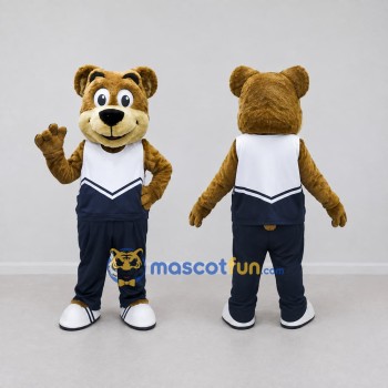 Custom Brown White and Navy Blue Bear Mascot Costume Adult Full Body Suit for Sports Events