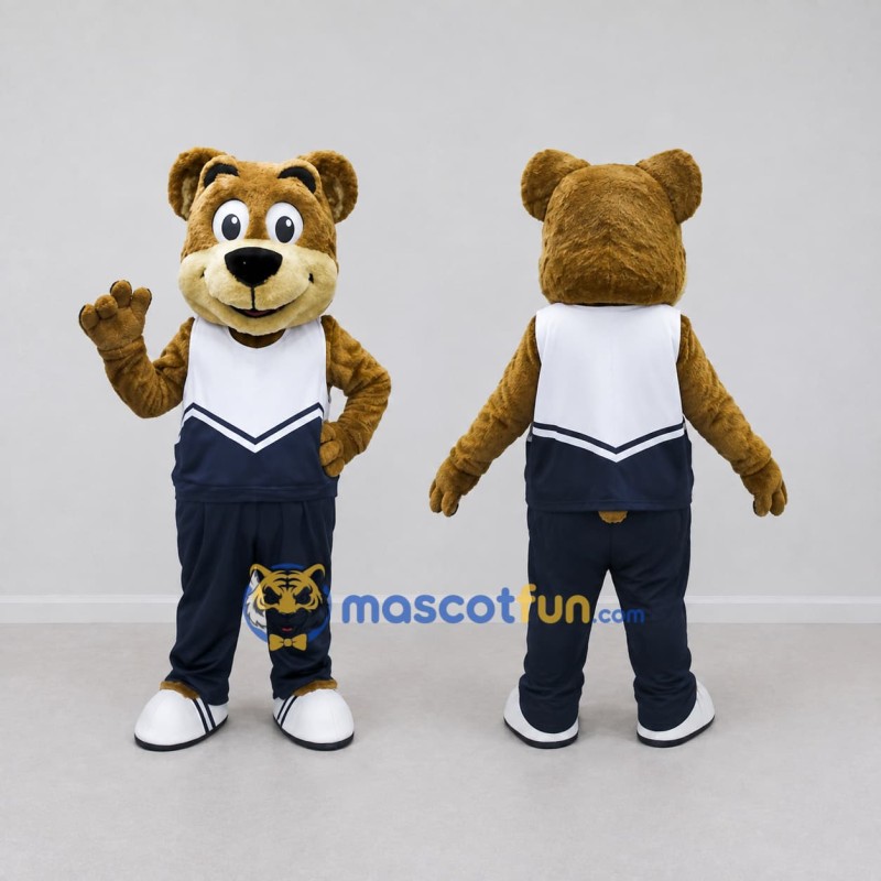 Custom Brown White and Navy Blue Bear Mascot Costume Adult Full Body Suit for Sports Events