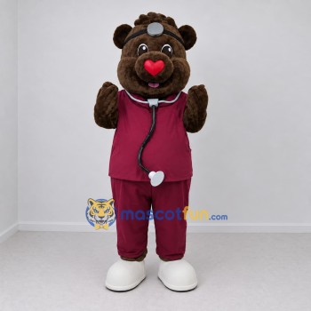Custom Brown and Burgundy Doctor Bear Mascot Costume Adult Full Body Suit for Health Awareness Events Custom Brown and Burgundy Doctor Bear Mascot Costume Adult Full Body Suit for Health Awareness Events