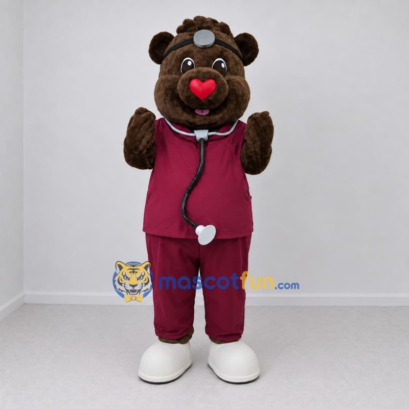 Custom Brown and Burgundy Doctor Bear Mascot Costume Adult Full Body Suit for Health Awareness Events Custom Brown and Burgundy Doctor Bear Mascot Costume Adult Full Body Suit for Health Awareness Events