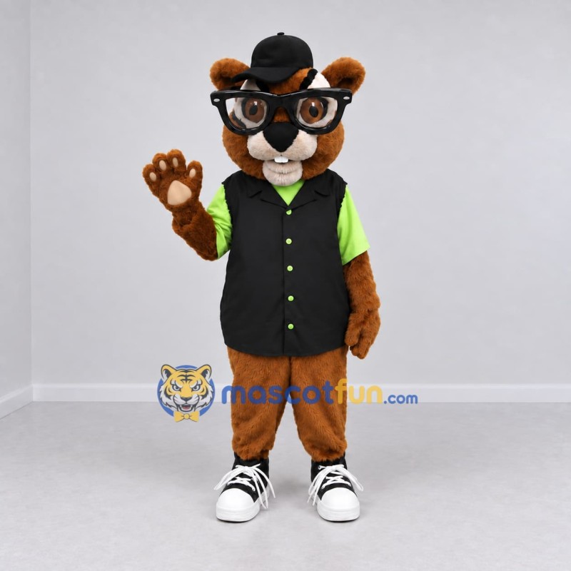 Custom Brown Black and Green Beaver with Glasses Mascot Costume Adult Full Body Suit for School Events