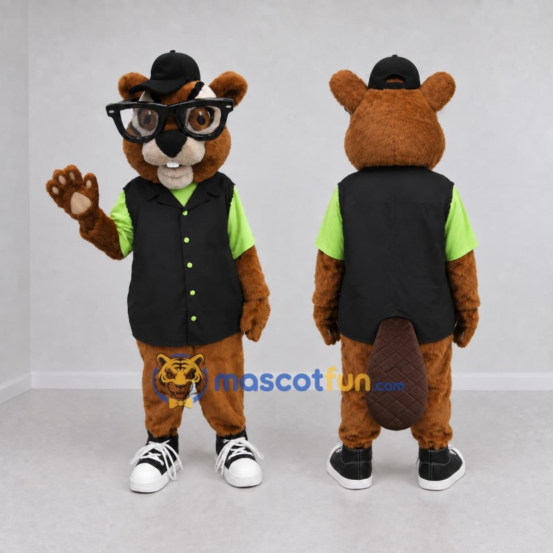 Custom Brown Black and Green Beaver with Glasses Mascot Costume Adult Full Body Suit for School Events