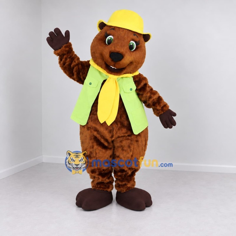 Custom Brown Green and Yellow Construction Bear Mascot Costume Adult Full Body Suit for Community Events