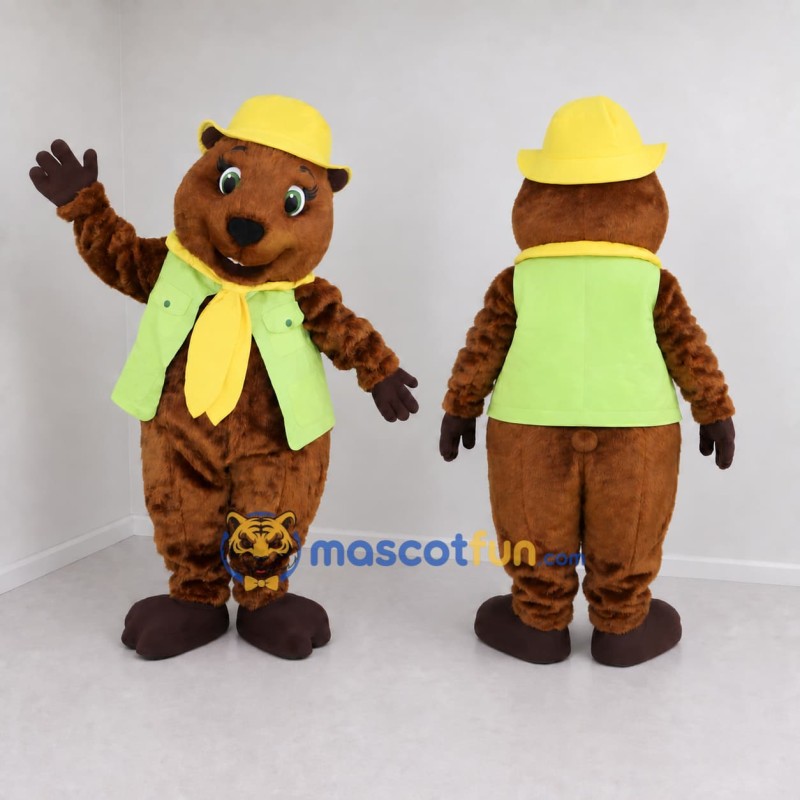 Custom Brown Green and Yellow Construction Bear Mascot Costume Adult Full Body Suit for Community Events