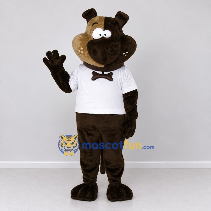 Custom Brown and White Dog with Bow Tie Mascot Costume Adult Full Body Suit for Pet Events Custom Brown and White Dog with Bow Tie Mascot Costume Adult Full Body Suit for Pet Events