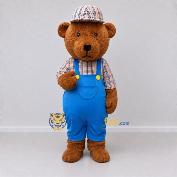 Custom Brown and Blue Teddy Bear in Overalls Mascot Costume Adult Full Body Suit for Children's Events