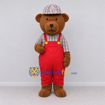 Custom Brown and Red Teddy Bear in Overalls Mascot Costume Adult Full Body Suit for Children's Events