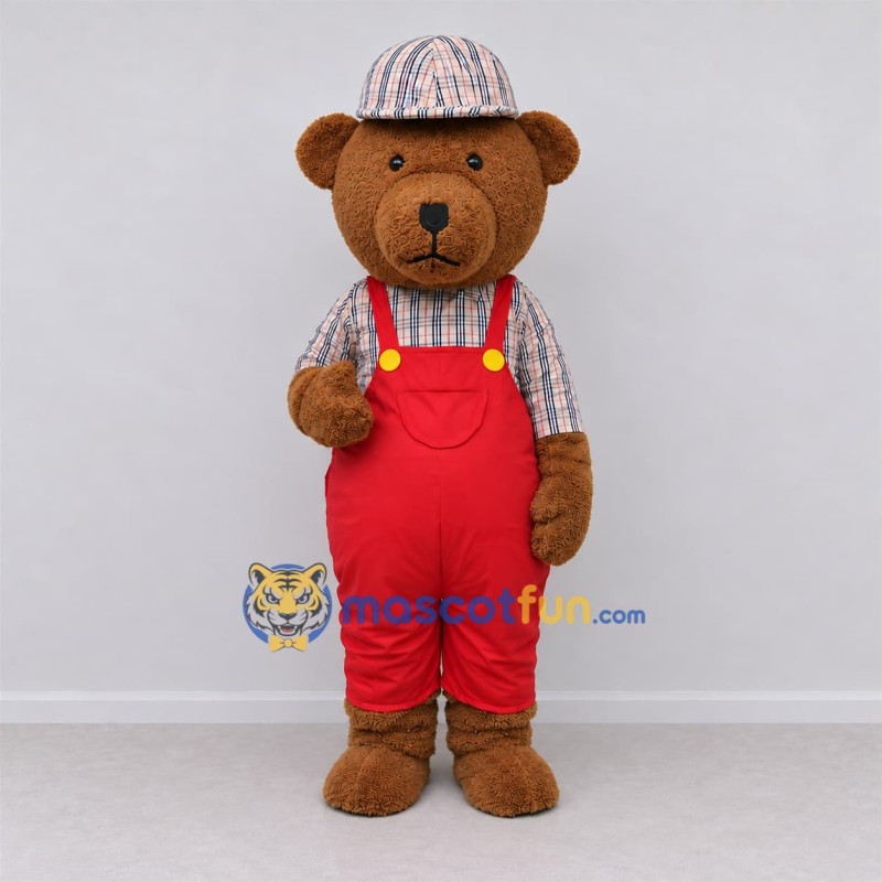 Custom Brown and Red Teddy Bear in Overalls Mascot Costume Adult Full Body Suit for Children's Events Custom Brown and Red Teddy Bear in Overalls Mascot Costume Adult Full Body Suit for Children's Events