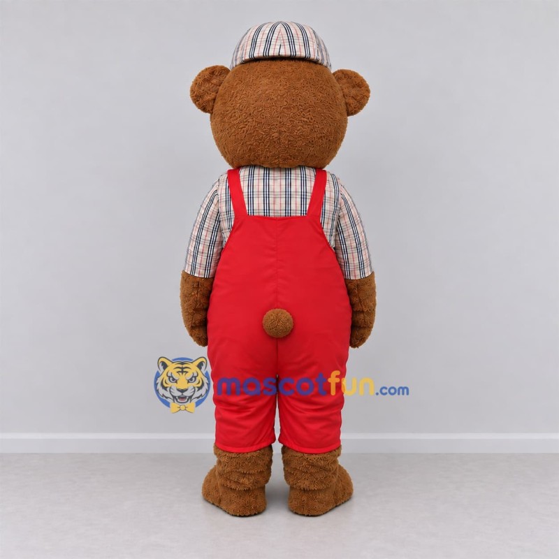 Custom Brown and Red Teddy Bear in Overalls Mascot Costume Adult Full Body Suit for Children's Events Custom Brown and Red Teddy Bear in Overalls Mascot Costume Adult Full Body Suit for Children's Events
