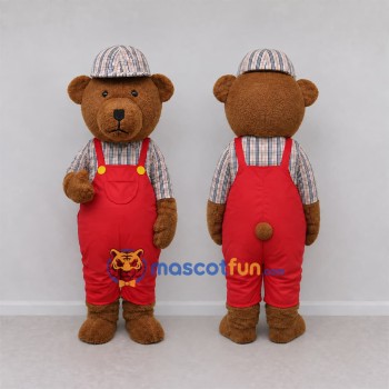 Custom Brown and Red Teddy Bear in Overalls Mascot Costume Adult Full Body Suit for Children's Events