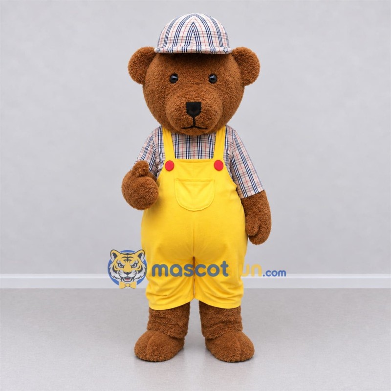 Custom Brown and Yellow Teddy Bear in Overalls Mascot Costume Adult Full Body Suit for Children's Events Custom Brown and Yellow Teddy Bear in Overalls Mascot Costume Adult Full Body Suit for Children's Events