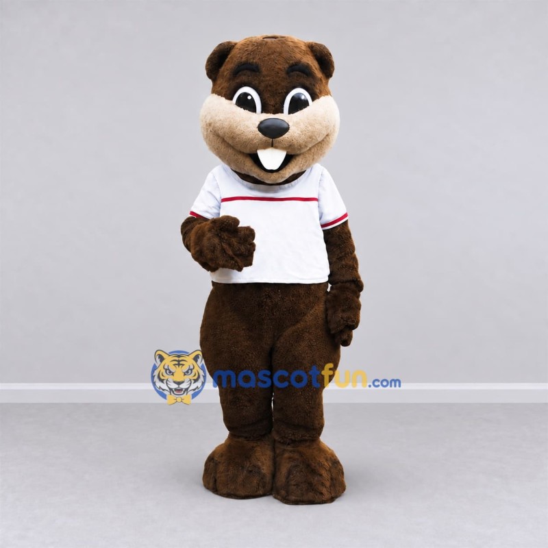 Custom Brown and White Beaver in T-Shirt Mascot Costume Adult Full Body Suit for School Events Custom Brown and White Beaver in T-Shirt Mascot Costume Adult Full Body Suit for School Events