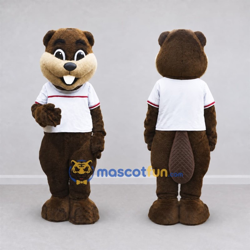 Custom Brown and White Beaver in T-Shirt Mascot Costume Adult Full Body Suit for School Events Custom Brown and White Beaver in T-Shirt Mascot Costume Adult Full Body Suit for School Events