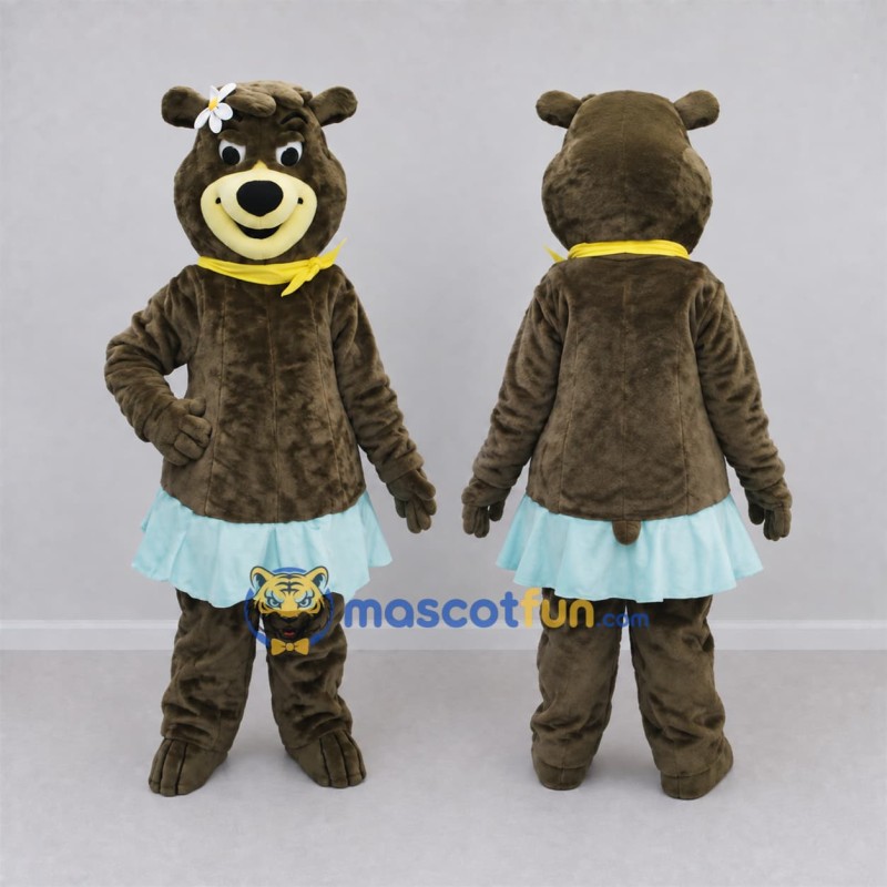 Custom Brown and Light Blue Bear in Skirt Mascot Costume Adult Full Body Suit for Children's Events Custom Brown and Light Blue Bear in Skirt Mascot Costume Adult Full Body Suit for Children's Events