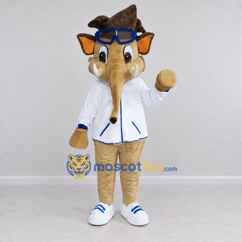 Custom Tan and White Scientist Elephant Mascot Costume Adult Full Body Suit for Science Events Custom Tan and White Scientist Elephant Mascot Costume Adult Full Body Suit for Science Events