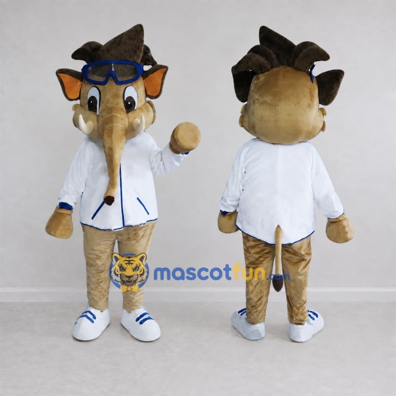 Custom Tan and White Scientist Elephant Mascot Costume Adult Full Body Suit for Science Events Custom Tan and White Scientist Elephant Mascot Costume Adult Full Body Suit for Science Events