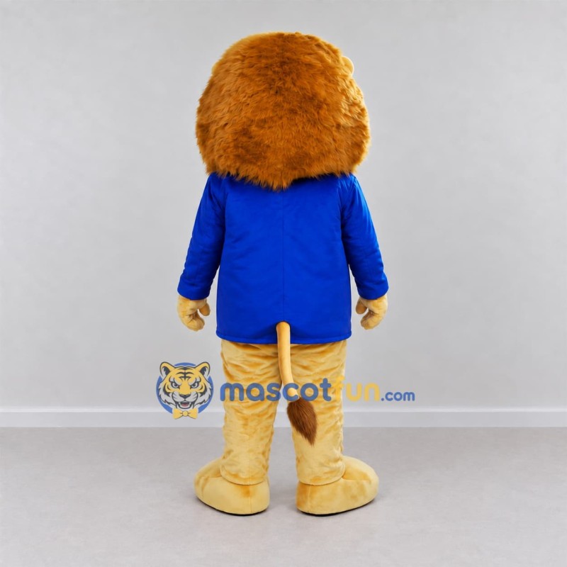 Custom Golden Brown and Blue Lion in Blazer Mascot Costume Adult Full Body Suit for School Events