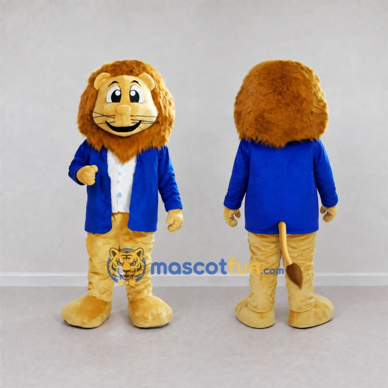 Custom Golden Brown and Blue Lion in Blazer Mascot Costume Adult Full Body Suit for School Events