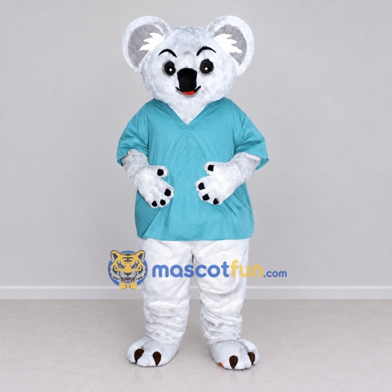 Custom White and Turquoise Koala in Scrubs Mascot Costume Adult Full Body Suit for Health Awareness Events