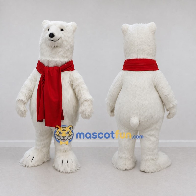 Custom White and Red Polar Bear with Scarf Mascot Costume Adult Full Body Suit for Winter Events Custom White and Red Polar Bear with Scarf Mascot Costume Adult Full Body Suit for Winter Events