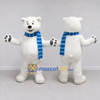 Custom White and Blue Polar Bear with Scarf Mascot Costume Adult Full Body Suit for Winter Events