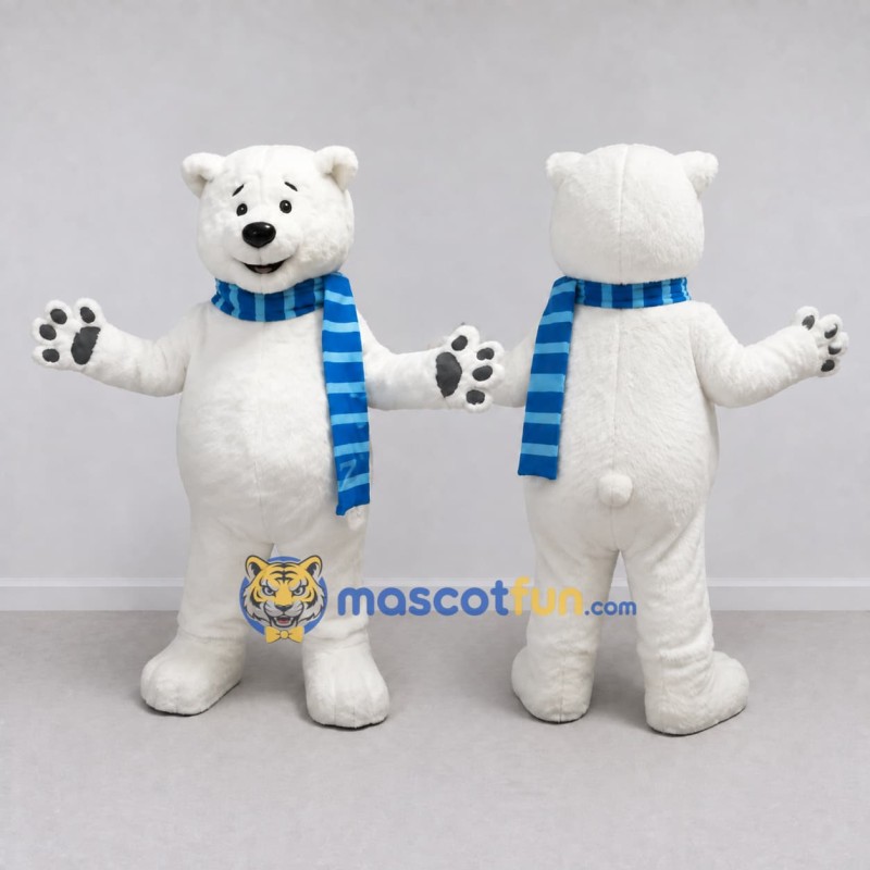 Custom White and Blue Polar Bear with Scarf Mascot Costume Adult Full Body Suit for Winter Events Custom White and Blue Polar Bear with Scarf Mascot Costume Adult Full Body Suit for Winter Events
