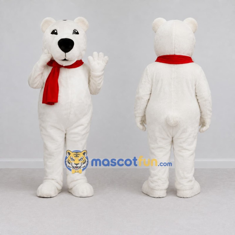 Custom White and Red Polar Bear with Scarf Mascot Costume Adult Full Body Suit for Winter Events Custom White and Red Polar Bear with Scarf Mascot Costume Adult Full Body Suit for Winter Events
