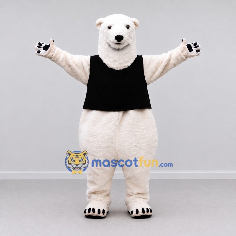 Custom White and Black Polar Bear in Vest Mascot Costume Adult Full Body Suit for Winter Events Custom White and Black Polar Bear in Vest Mascot Costume Adult Full Body Suit for Winter Events