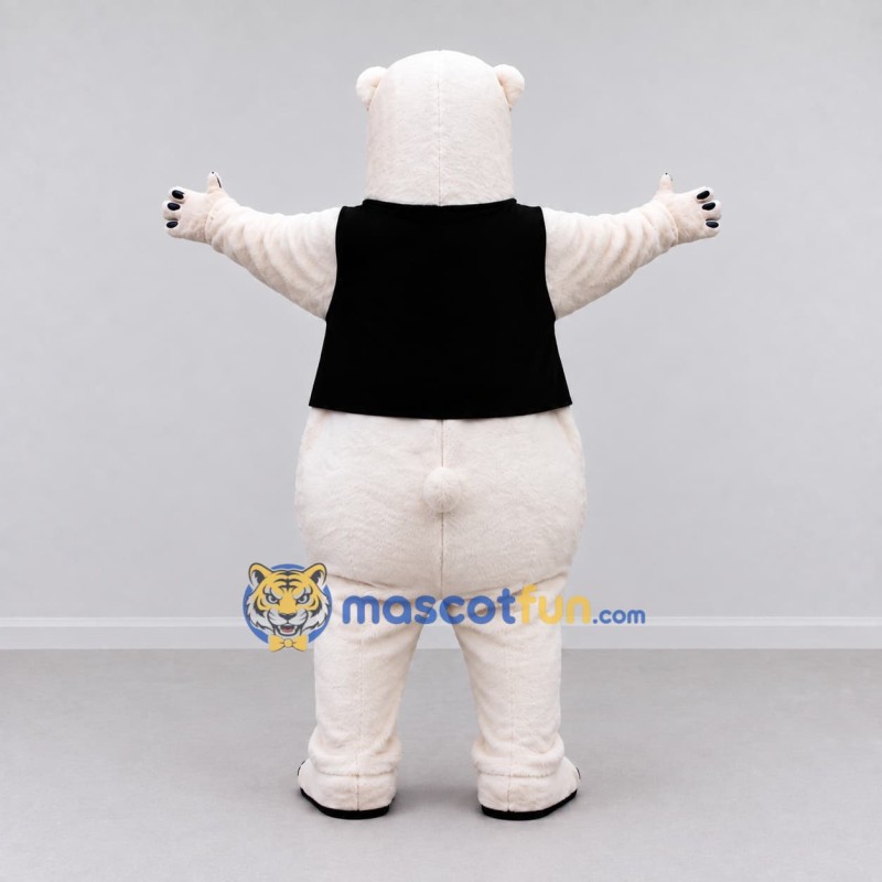 Custom White and Black Polar Bear in Vest Mascot Costume Adult Full Body Suit for Winter Events Custom White and Black Polar Bear in Vest Mascot Costume Adult Full Body Suit for Winter Events
