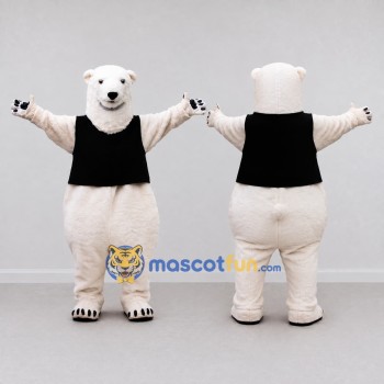 Custom White and Black Polar Bear in Vest Mascot Costume Adult Full Body Suit for Winter Events