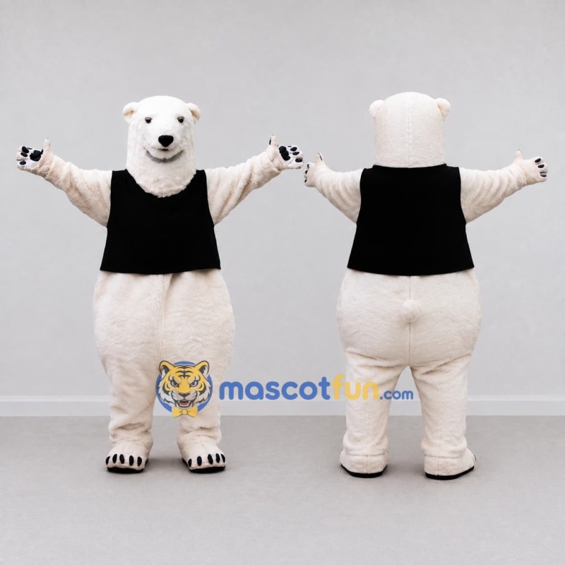 Custom White and Black Polar Bear in Vest Mascot Costume Adult Full Body Suit for Winter Events Custom White and Black Polar Bear in Vest Mascot Costume Adult Full Body Suit for Winter Events