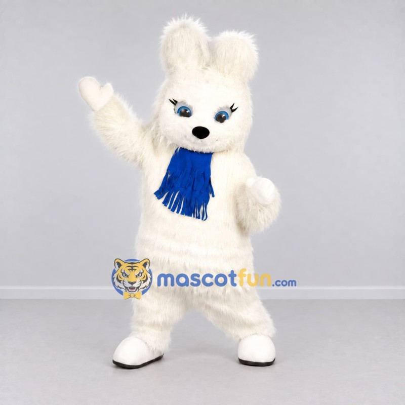 Custom White and Blue Rabbit with Scarf Mascot Costume Adult Full Body Suit for Winter Events Custom White and Blue Rabbit with Scarf Mascot Costume Adult Full Body Suit for Winter Events