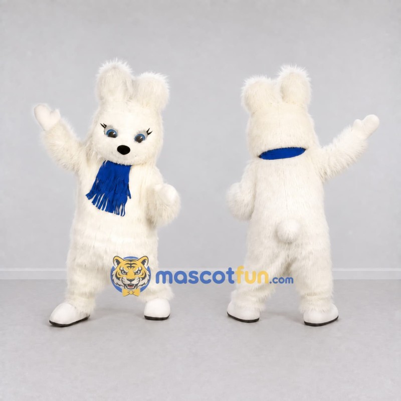 Custom White and Blue Rabbit with Scarf Mascot Costume Adult Full Body Suit for Winter Events Custom White and Blue Rabbit with Scarf Mascot Costume Adult Full Body Suit for Winter Events