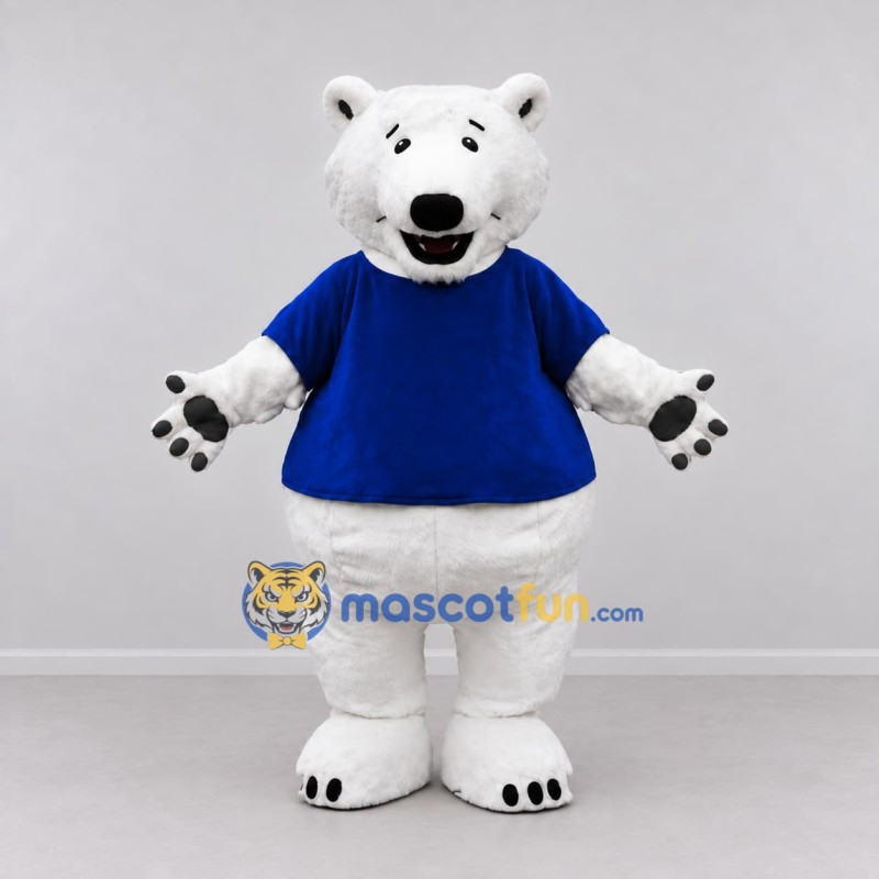 Custom White and Blue Polar Bear in T-Shirt Mascot Costume Adult Full Body Suit for Winter Events Custom White and Blue Polar Bear in T-Shirt Mascot Costume Adult Full Body Suit for Winter Events
